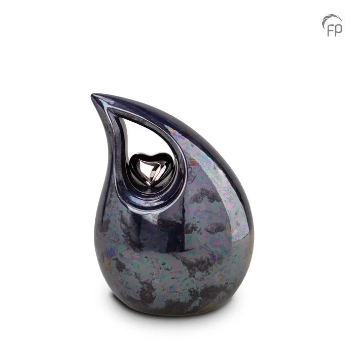 Keramische urn kubus — donkerblauw met zilver (medium) - view 1
