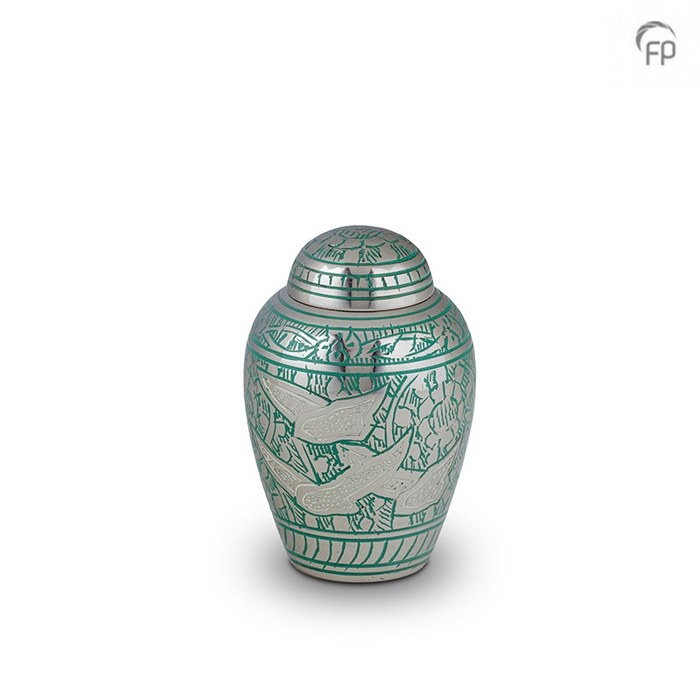 Metaal urn — zilver met groen en wit (volwassen, decoratieve banden) - view 1