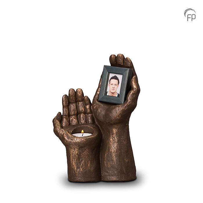Mini-urn Handen met fotolijst — bronskleurig keramiek met waxinelichtje - view 1